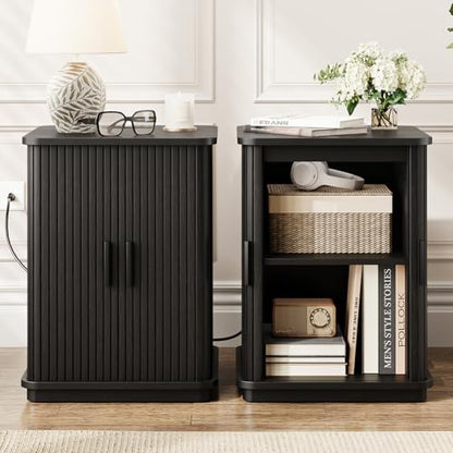 ONBRILL Square End Table with Charging Station, Fluted Storage Nightstand | Mid-Century Modern Accent Side Table with Sliding Door & Sturdy Pedestal, for Small Space, Living Room, Bedroom, Walnut - color: Black