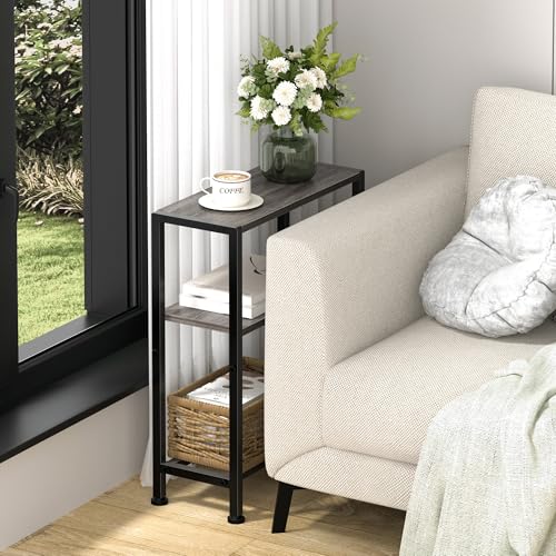 Narrow Side Table Set of 2 for Small Space, 2-Tier Small End Table with Shelf Holder, Slim Nightstand, Skinny Snack Couch Table in Living Room, Bedroom, Study, Kitchen and Balcony (Grey) - color: Grey