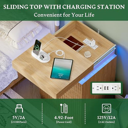 Xixini Nightstand with Charging Station and RGB LED Lights, Fluted 3-Drawer Bedside Table with Sliding Top, Wooden End Table for Bedroom, Living Room, Oak - color: Oak
