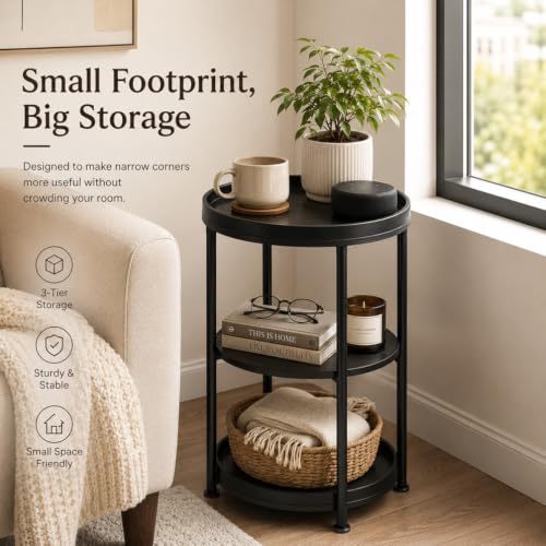 Dulcii Side Table, Round End Table with 3 Shelves for Living Room, Bedroom, Nightstand with Steel Frame for Small Spaces, Industrial Round Sofa Table, Outdoor Accent Coffee Table, Black - color: Black, style: Classic