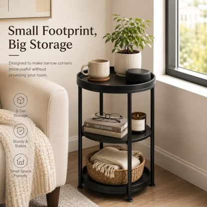 Dulcii Side Table, Round End Table with 3 Shelves for Living Room, Bedroom, Nightstand with Steel Frame for Small Spaces, Industrial Round Sofa Table, Outdoor Accent Coffee Table, Black - color: Black, style: Classic