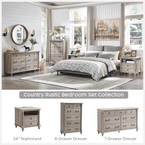 T4TREAM 24" Farmhouse Nightstands with 2 Drawers, Light Rustic Oak | 4 Solid Wood Feet, Charging Station, Tall Rustic Wood Square, Sofa Side Table, Living Room, Bedroom - color: Light Rustic Oak