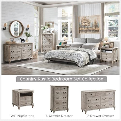T4TREAM 24" Farmhouse Nightstands with 2 Drawers, Light Rustic Oak | 4 Solid Wood Feet, Charging Station, Tall Rustic Wood Square, Sofa Side Table, Living Room, Bedroom - color: Light Rustic Oak