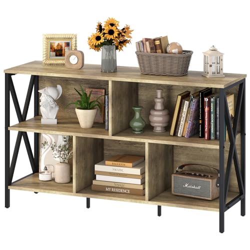 Horizontal Bookshelf,Industrial Modern 5 Cube Low Wide Cubby Bookcase,Long Wood and Metal Storage Organizer Open Shelf, Short Book Shelf Bedroom Storage for Home Office Living Room(Rustic Oak,5 Cube) - color: Rustic Oak, size: 5 Cube