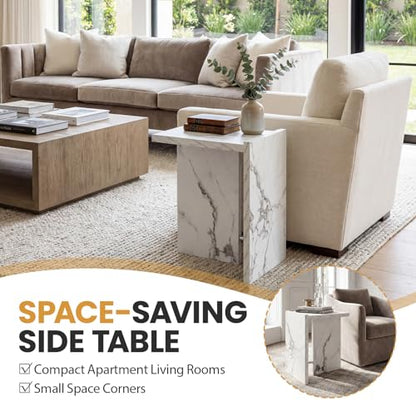 Hyfirm Modern Faux Marble Side Table Small T-Shaped End Table White | Space-Saving Accent Table with Marble Finish Nightstand for Use Beside Sofas in Living Rooms Bedrooms Apartments and Offices - color: White Marble