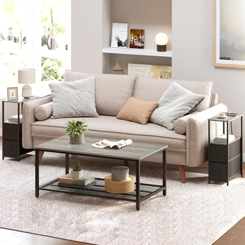 TUTOTAK Small Narrow End Table with Charging Station, Set of 2, Side Table with Outlets, Nightstand with 2 Cloth Drawers, Couch Table, for Living Room, Bedroom, Bedside, Greige TB01BG055 - color: Greige, style: 2 Drawers & Plug