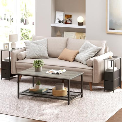 TUTOTAK Small Narrow End Table with Charging Station, Set of 2, Side Table with Outlets, Nightstand with 2 Cloth Drawers, Couch Table, for Living Room, Bedroom, Bedside, Greige TB01BG055 - color: Greige, style: 2 Drawers & Plug