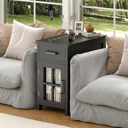 VVFLU Farmhouse End Table with Charging Station and 1 Storage Cabinet, 1 Drawer, Black Wood Nightstand Narrow, Skinny Side Table, Slim Bedside Table, Small Nightstand for Bedroom, Living Room, Sofa - color: Black/Glass