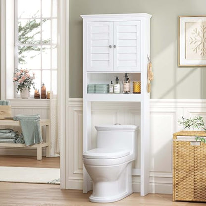 Spirich Over The Toilet Storage Cabinet with Louvered Doors & Hooks, White | Space-Saving Bathroom Organizer, Adjustable Shelf & Bottom Crossbar, 34.4-Inch Clearance, Anti-tip Device, FSC-Certified MDF - style: Louvered Door
