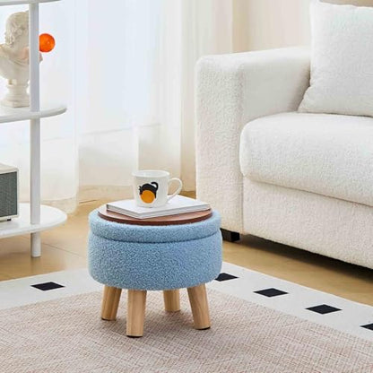 Wimarsbon Storage Ottoman, Modern Round Footrest with Soft Padded Seat, Teddy Velvet Footstool with Wood Legs, Accent Small Table or Plant Stand for Hallway, Living Room (Blue) - color: Blue