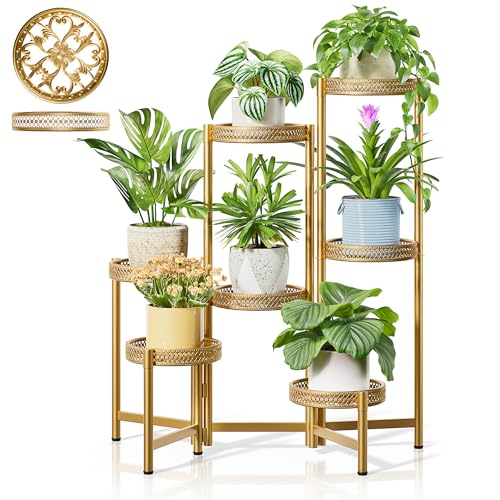 7 Tiered Metal Corner Plant Stand Indoor Outdoor, Tall Large Folding Rack with Rust Proof 10 Inch Wide Tray, Heavy Duty Flower Shelf for Multiple Plants for Patio - GoldWave - color: GoldWave, size: 7-tiers