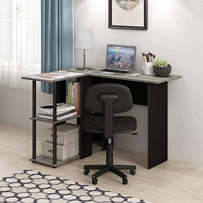 Furinno Abbott L-Shape Computer Desk with Bookshelf, French Oak Grey/Black - color: French Oak Grey/Black, style: Plastic Poles