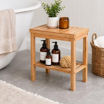 SOUJOY Bamboo Shower Bench, Bath Seat Stool, Spa Foot Rest Shaving Stool, Storage Shelf for Shampoo Towel, Works in Inside Bathroom, Living Room, Bedroom, Garden Leisure