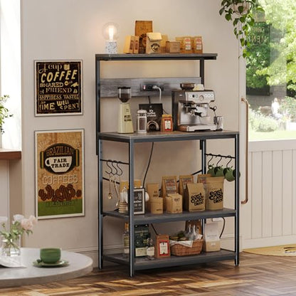 SUPERJARE Bakers Rack with Power Outlets, Microwave Stand, 31.5 X 16.5 Inch Larger Desktop, Kitchen Storage Rack with Adjustable Middle Shelf, 6 S-Shaped Hooks, Coffee Bar Stand, Grey - color: Charcoal Gray, size: 31.5 inch