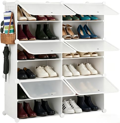 Simple Deluxe 6-Tier Shoe Rack Organizer with Doors, Stackable Shoe Storage Cabinet for Entryway Closet, Plastic Shoe Shelf with Metal Frame, Holds up to 24 Pairs for Bedroom Hallway, White - color: White, size: 2×3 Tier, 24-Pair