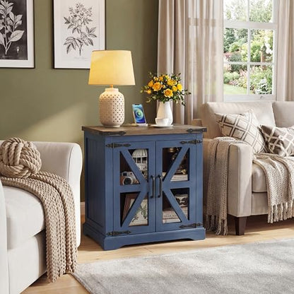 Farmhouse End Table, 24" Large End Tables with Storage, Rustic Square Sofa Beside Table with Glass Barn Door, Wood Side Table Square Nightstand for Living Room, Bedroom, Office (Misty Blue) - color: Misty Blue