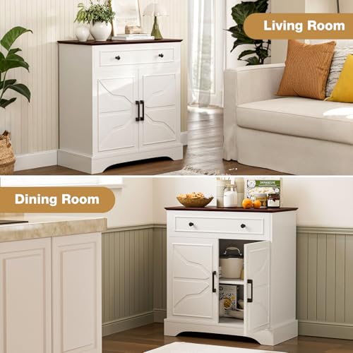 LCRBOL Sideboard with Drawer & Doors, Modern, Walnut Top & White | 30"W x 15.2"D x 32.2"H, 100 lbs top / 30 lbs shelf, 1 drawer & 2-door cabinet, adjustable shelf, soft-close hinges - color: White