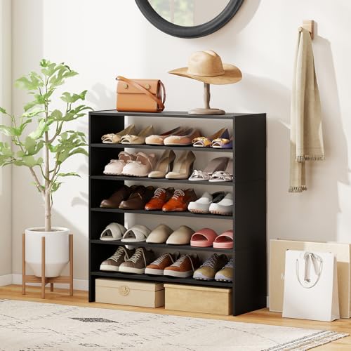 COSTWAY 6-Tier Shoe Rack, Extra Wide Shoe Shelf Organizer with Stackable Design, 31" Freestanding Adjustable Storage Shoe Stand for Small Space Entryway Hallway Closet (1,Black) - color: Black
