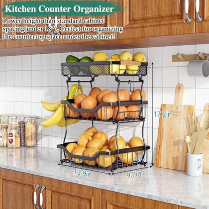 OKZEST 3-Tier Fruit Basket Fits Under Standard Upper Cabinet, 17.2" Tall | 2-In-1 Wall Mount & Countertop. Ultra-Fine Mesh Top Basket & Banana Hangers, Holds Potato, Onion, Bread, Snack, Fruit, Veggie - size: 3-Tier (Top basket with ultra-fine mesh)