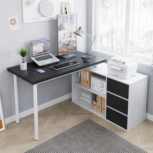 Home Office Computer Desk Corner Desk with 3 Black Drawers and 2 Shelves, 53-inch L-Shaped Study Desk with Storage, White + Black - color: White + Black