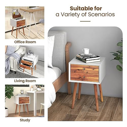GOFLAME Nightstand with 2 Drawers, Small Wooden Side Table, Mid Century Modern Bedside Table with Storage, Compact End Table for Bedroom, Easy Assembly, White & Natural - color: White & Natural