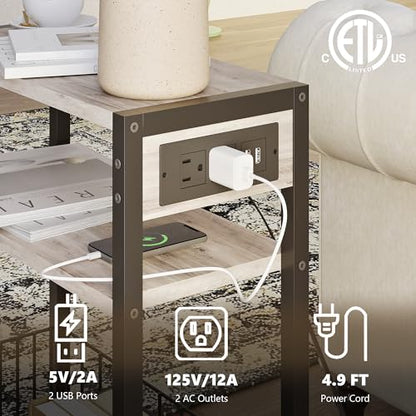TRIFEBLE Narrow Side Table with Charging Station, Small End Table for Small Spaces, Slim Nightstand with Storage Basket, 3 Tier Skinny Bedside Table for Living Room, Bedroom, Greige - color: Greige, style: With Basket & Power