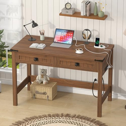 YOMILUVE Farmhouse Computer Desk with 2 Drawers, 39 Inch Small Office Computer Desk with Power Outlets, Compact Writing Study Vanity Desk for Small Spaces, Brown - color: Brown