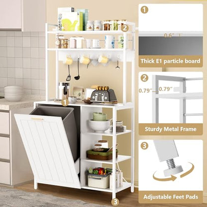Kitchen Bakers Rack with Storage Shelf - 6-Tier Microwave Stand Oven Cabinet W/Tilting Trash Can Bin and Power Outlet, Farmhouse Thickened Coffee Bar Table Station W/6 Hooks&Adjustable feet - color: White