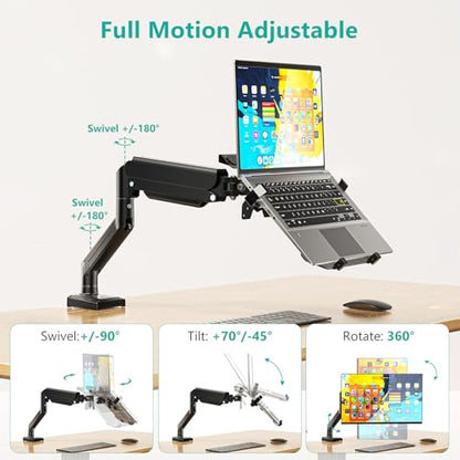 WALI Single Arm Laptop and Monitor Desk Mount for 17" Notebook and Up to 32" Screen, 2-in-1 Adjustable Gas Spring Monitor Arm with Laptop Tray, VESA 75x75 100x100,Holds 22-26.4 lbs, Black (GSMP001NLP) - size: Single, style: Fully Adjustable Desk Mount
