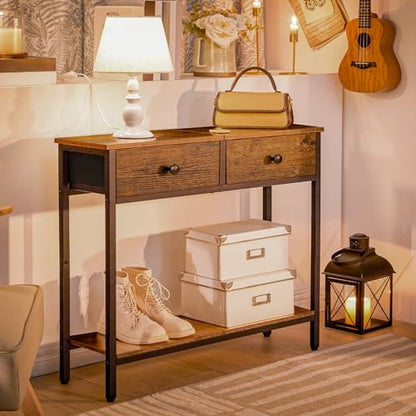 HOOBRO 29.5" Narrow Console Table with 2 Fabric Drawers, Small Entryway Table with 2-Tier Storage Shelves, Sofa Table, Behind Couch Table, for Living Room, Hallway, Rustic Brown and Black BF71XG01 - color: Rustic Brown and Black