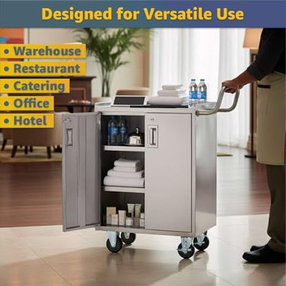 16" x 24" Stainless Steel Utility Cart with Enclosed Base and Locking Doors - 4 Shelf Heavy-Duty 18-Gauge 304 Steel Rolling Cabinet - NSF Commercial Service Cart for Kitchen, Catering, Restaurant - size: 4 Shelf
