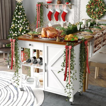 Small Kitchen Island Cart on Wheels with 31.4'' Wood Tabletop, White | Farmhouse Rolling Kitchen Island with Storage, Lockable Wheels, Drawer, Adjustable Shelf and Wine Rack for Dining Room - style: White
