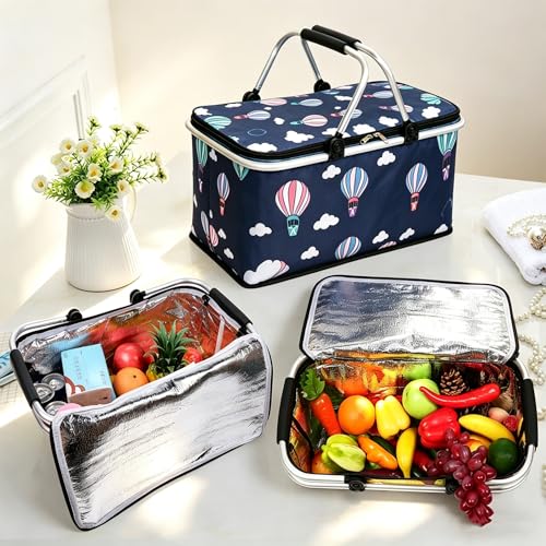 Upgrade Shopping Bag Picnic Basket 2 Layers of Internal Pockets Leak-Proof Insulated Cooler Bag Bag Collapsible Shopping Basket Folding Grocery Basket Bag for Picnic Travel(Black Balloon) - color: Black Balloon