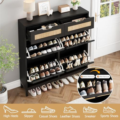 Jocoevol Rattan Shoe Cabinet for Entryway, Boho Shoe Storage Cabinet with 4 Flip Drawers and 2 Drawers, Narrow Freestanding Shoe Rack with Metal Legs for Entryway/Hallway/Foyer (Black) - color: Black