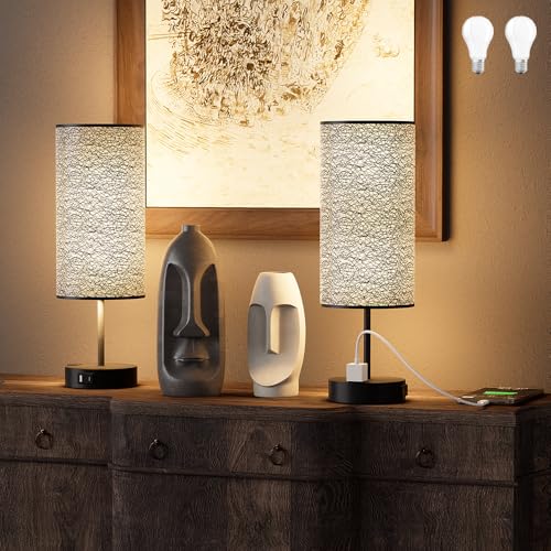 Table Lamp for Bedroom with Touch Control,Bedside Lamp with USB C+A Charging Ports& AC Outlets, Adjustable 3color LED Light for Home Decor/Nightstand/Bedroom/Office,Included Bulb and Fabric Lamp Shade - color: Black, size: 2PCS