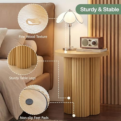Round Fluted End Table, 17.7'' Mid Century Modern Side Table, Circle Bedside Tables Drink Table Wood Nightstand for Small Spaces, Living Room (Natural-1PCS) - color: Natural-1pcs