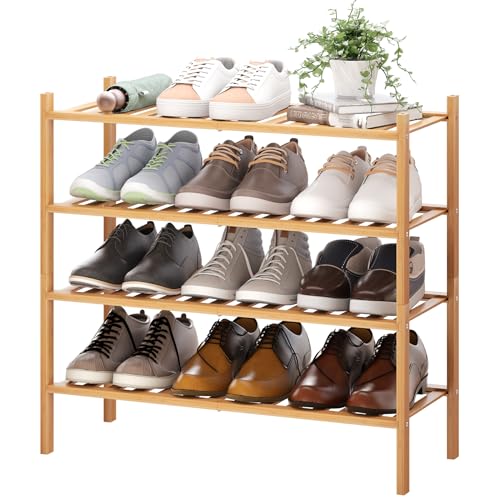 BMOSU 4-Tier Bamboo Shoe Rack Premium Stackable Shoe Shelf Storage Organizer for Hallway Closet Living Room Entryway Organizer (Natural Bamboo) - color: Natural Bamboo, size: 4-Tier（27*11*25.2inches）