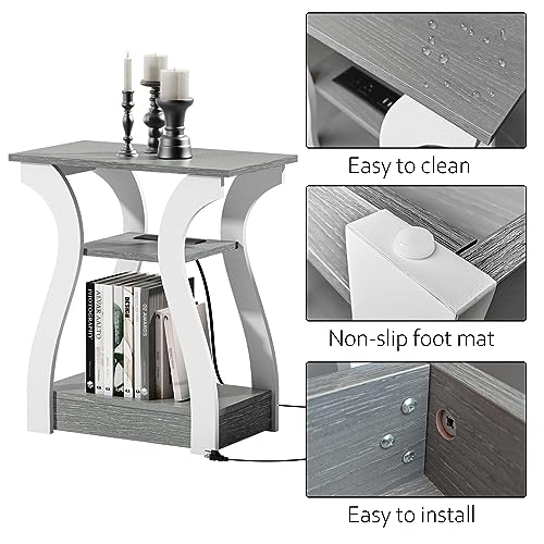 FROMJBEST End Tables Living Room, Grey End Table with Charging Station | Side Table Living Room, with USB Ports and Outlets, Nightstand for Bedroom, 3-Tier Storage Shelf, Bedside Table - color: Grey