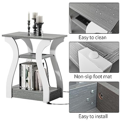 FROMJBEST End Tables Living Room, Grey End Table with Charging Station | Side Table Living Room, with USB Ports and Outlets, Nightstand for Bedroom, 3-Tier Storage Shelf, Bedside Table - color: Grey