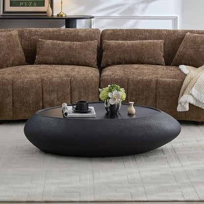 47" Modern Coffee Table Unique Rock Coffee Table Faux Stone Center Tables Round Edge Design Fiberglass Oval Accent Tables for Living Room Office Apartment No Assembly Required Black - color: Fiberglass Oval-black