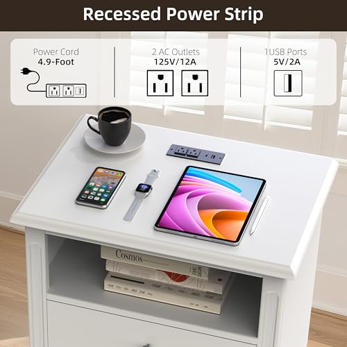 24" Wide Farmhouse Nightstand with Charging Station, Solid Wood End Table with 2 Large Drawers & Open Shelf, Bedside Table with USB Ports and Outlets, Side End Table for Bedroom - color: White