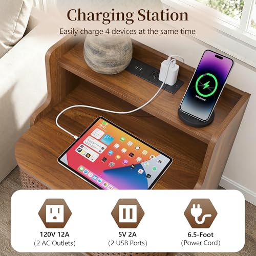 Storage End Table with 2 Door, Bed Side Table with Charging Station, Metal Rattan Nightstand for Bedroom, Desk Side Table for Living Room Couch Sofa, Office, Small Spaces - Walnut - size: Door Walnut-1pcs