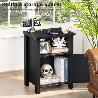 Joaxswe Night Stand, 18 Inch Farmhouse Nightstand with with Charging Station and USB Port, Rustic Couch End Table with Magnetic Door, Wood Bed Side Tables for Bedroom, Home, Black - color: Black