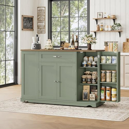 HOSTACK 47" W Kitchen Island Cart with Storage, Rolling Island Table, Green | Mobile Kitchen Storage Islands on Wheels with 2 Drawers, Adjustable Shelves, Movable Buffet Cabinet for Dining room - style: Green + Rustic Brown