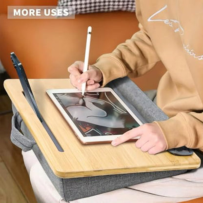 Lap Desk for Laptop with Cushion, Bamboo Laptop Stand with Anti-Slip Strip Tablet Phone Holder, Fits up to 15.6 inch Portable Computer Lap Desk for Couch, Bed & Car - size: 16.5"x13.4" Fixed