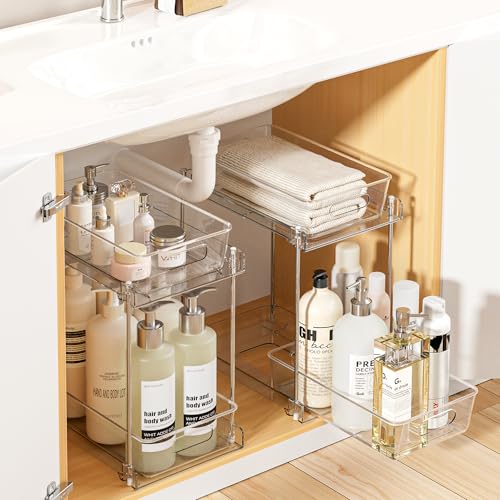 Vtopmart 2 Pack Higher Bathroom Organizer, 2 Tier White Under Sink Organizers Vanity Countertop Storage Container,Cabinet Drawers Bins, Pull-Out Organization with Track for Pantry, Kitchen - color: Transparent, size: S-Higher (2 Pack)