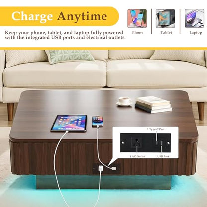 Lift Coffee Table with Hidden Storage & Adjustable Height, 38.6" Modern Fluted RGB LED Center Table with Charging Station, Wooden Accent Tea Table for Living Room & Small Apartment (Oblong) - size: Oblong