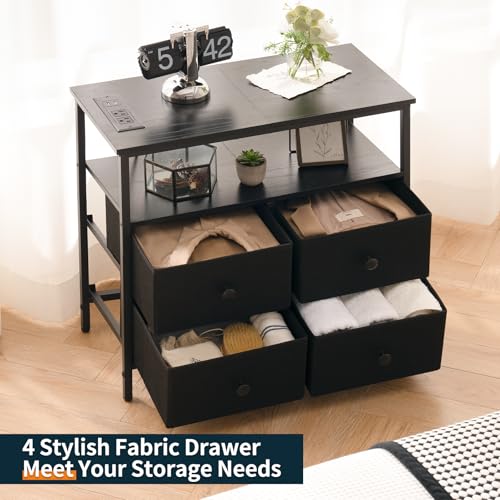 Yoobure Night Stand with Charge Station, Nightstand with 4 Drawers Bedside Table, LED Dresser with Storage Shelf, Night Stands for Bedroom, Side Table 3-Tier Wood End Table for Home, Office Black - color: Black