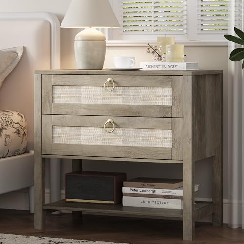 Xixini Rattan Nightstand with 2 Drawers and Open Shelf, 27" Wide Boho Bedside Table with Brass Knobs, Mid-Century Modern Wooden End Table for Bedroom, Grey - color: Grey