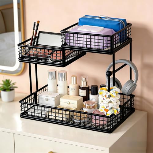 Makeup Organizer Countertop for Vanity, 3 Tier Metal Bathroom Countertop Organizers Skincare Storage Holder Perfume Cosmetic Display, Multi-Use Storage Rack for Bathroom, Kitchen & Bedroom (Black) - color: Black